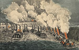 Union Army ironclads in 1862 action detail, from- "Bombardment of Island 'Number Ten' In the Mississippi River." (cropped)