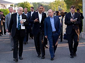 Barack Obama and Vladimir Putin walking in Ireland