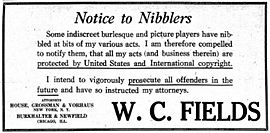 Copyright warning by W. C. Fields in Variety, 1919