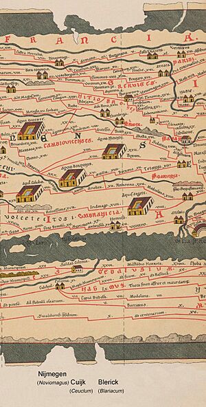 Deel van Tabula Peutingeriana met onder meer Noviomagi (Nijmegen), Ceuclum (Cuijk) en Blariacum (Blerick)