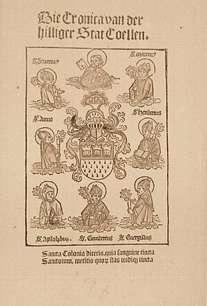 Köln - Koelhoffsche Chronik Titelblatt mit Stadtwappen, Petrus und Kölner Heiligen, 1499, RBA
