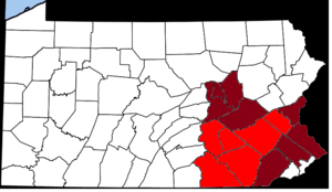 The area roughly considered to constitute the Pretzel Belt, identified with Pennsylvania Dutch Country.