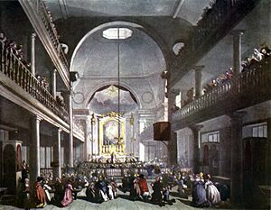 Microcosm of London Plate 016 - The Roman Catholic Chapel (colour)