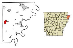 Location of Etowah in Mississippi County, Arkansas.