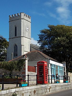 Portland phone box at Fortuneswell, and St John's Church