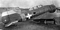 Repülőtér, 1944. április 13. Kass Ferenc őrmester légiharcban megsérült MÁVAG Héja II. vadászrepülőgépe. Fortepan 9233