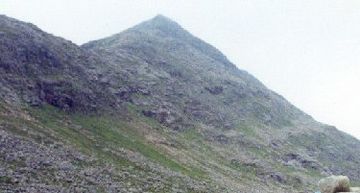 Colour photograph of the Scottish mountain Sgòr an Lochain Uaine from the entrance to An Garbh Coire
