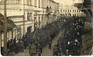 The march of soldiers mobilized by the Latvian Provisional Government along Jūras Street in Limbaži in 1919