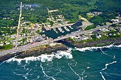Aerial view of the harbor and center of Depoe Bay