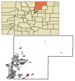 Location of Hudson in Weld County, Colorado.