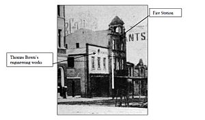 1928 - Number 470 Fire Bell - Insurance Companies Fire Brigade Station, Bathurst St Sydney in 1901. The Bell Tower is empty as the bell is in Bathurst by this time. (5062023b3)