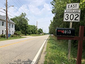 2022-06-22 13 54 00 View east along Maryland State Route 302 (Barclay Road) at Maryland State Route 454 (Crown Stone Road) in Templeville along the border of Caroline County and Queen Anne's County in Maryland