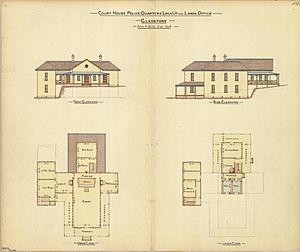 Architectural drawing of the Court House, Police Quarters, Lockup and Lands Office, Gladstone, 27 November 1884