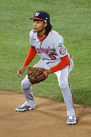 C. J. Abrams ready to field at shortstop, July 29, 2023 (cropped)