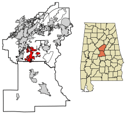 Location of Calera in Chilton County and Shelby County, Alabama.