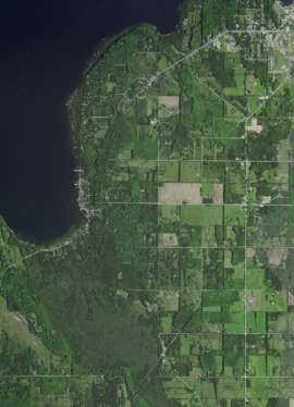 The village limits of Ephraim reach from inside the eastern portion of Peninsula State Park (far left) to the more developed area along Eagle Harbor (center) to the western portion of Little Sister Bay (far right)