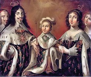 Louis XIII, Anne of Austria, and their son Louis XIV, flanked by Cardinal Richelieu and the Duchesse de Chevreuse