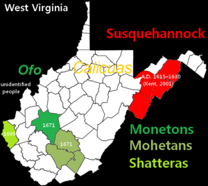 Map of Native American locations in WV by county during the latter half of the 17th Century
