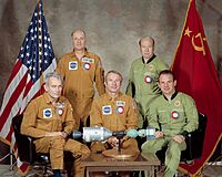 Apollo-Soyuz Test Project (ASTP, 1975), first docking between the two competitor states, testing shared docking systems enabling future cooperation programs away from the competition.