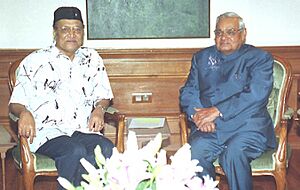 Renowned music director, Shri Bhupen Hazarika meets the Prime Minister Shri Atal Bihari Vajpayee in New Delhi on February 27, 2004