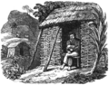 Engraving of Selkirk sitting in the doorway of a hut reading a Bible