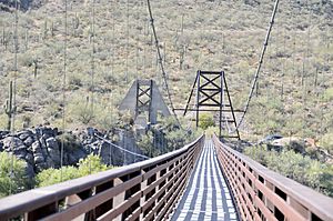The Verde River Sheep Bridge - looking across the present bridge to the west. The original suspension tower can be seen along side the present bridge