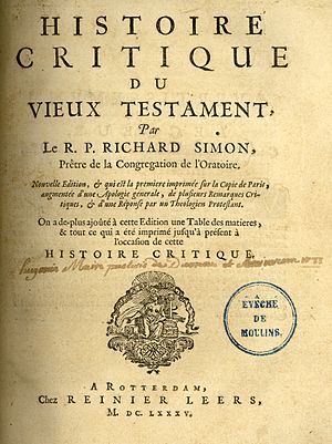 Title page of the "Histoire critique du vieux testament" by Richard Simon