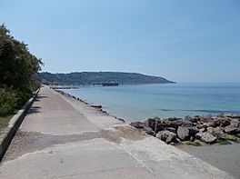 A concrete seafront with a burnt out pier and a hill in the distance