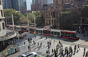 Tram passing Sydney Town Hall in January 2020