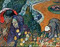 A squarish painting of a closeup of two women with one holding an umbrella while the other woman holds flowers. Behind them is a young woman who is picking flowers in a large bed of wildflowers. They appear to be walking through a garden on a winding path at the edge of a river.