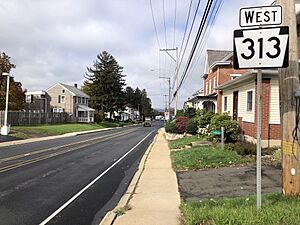2022-11-01 12 15 47 View west along Pennsylvania State Route 313 (Main Street) just west of Mill Street in Dublin, Bucks County, Pennsylvania