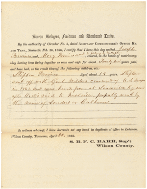 Certificate of Matrimony from the Freedmen's Bureau