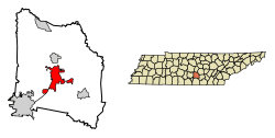 Location of Manchester in Coffee County, Tennessee.