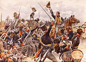 De prins van Oranje aan het hoofd van het vijfde bataljon Nationale Militie bij Quatre Bras, 16 juni 1815