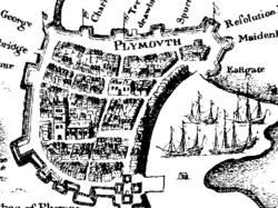 Detail of map of Plymouth, Devon circa 1600