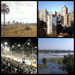 Clockwise from top: El Palmar National Park, Paraná, Carnival in Gualeguaychú, Paraná Delta with Rosario City in the background.