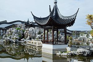 Heart of the Lake Pavilion and rock mountain in Dunedin Chinese Garden