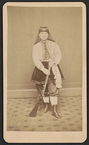 Kady C. Brownell, vivandière associated with 1st Rhode Island Infantry Regiment and 5th Rhode Island Heavy Artillery Regiment with bayoneted rifle LCCN2016646120