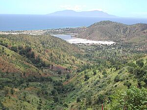 Many faces of Lake Tasitolu. view from eastern ridge with Atauro island in background, 29 Apr 2003