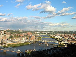 Uptown (visible on the left side of the image) overlooking the Monongahela River.