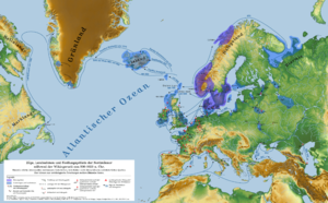 Züge, Landnahmen und Siedlungsgebiete der Nordmänner - 800-1050