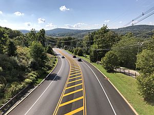 2021-09-18 15 42 25 View south along New Jersey State Route 94 (McAfee-Vernon Road) from the pedestrian overpass between Sand Hill Road and Columbus Drive in Vernon Township, Sussex County, New Jersey