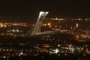 Aerial view of Olympic Stadium (Montreal) as seen at night