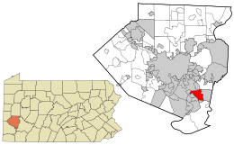 Location of McKeesport in Allegheny County, Pennsylvania (right) and of Allegheny County in Pennsylvania (left)