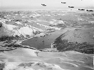 Barracudas flying over a fjord shortly before attacking the battleship Tirpitz during Operation Tunsten IWM A22631