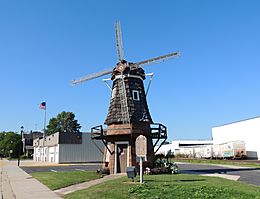 Cedar Grove's Windmill Park, with a working replica windmill celebrating the community's Dutch roots with the Cedar Grove Fire Station in the background.