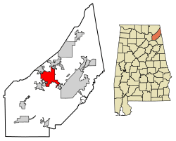 Location of Rainsville in DeKalb County, Alabama.