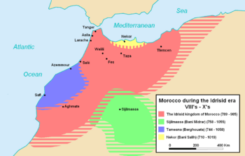 Idrisid state, around 820 CE, showing its maximal extent.