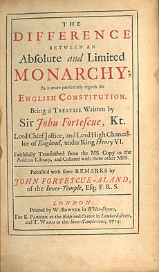 John Fortescue, The Difference between an Absolute and Limited Monarchy (1st ed, 1714, title page)