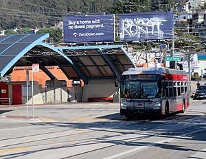 L Taraval bus at West Portal station, August 2020